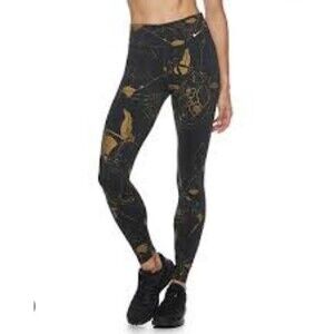 NIKE Dri Fit Training Womens Small Leggings Black Gold Metallic Mid Rise Floral